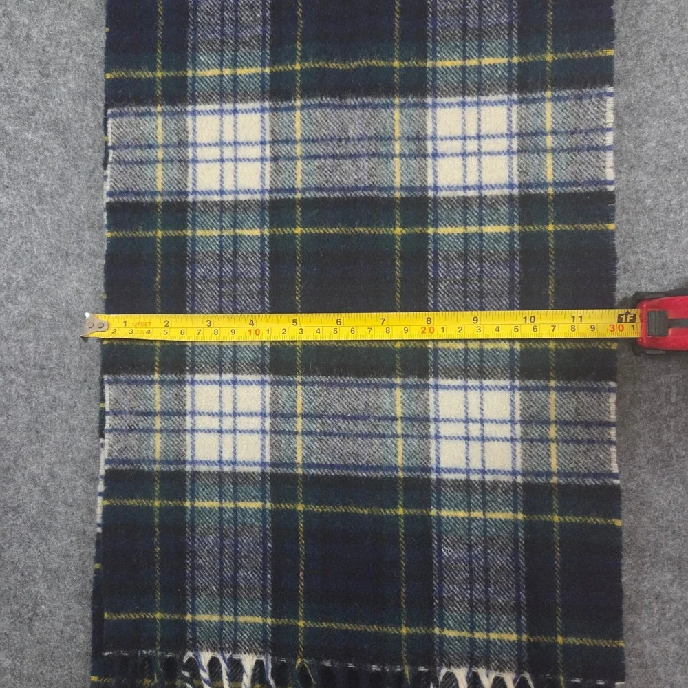 Gordon Dress Tartan Plaid Scarf Navy Green White Yellow Fringe 56 x 12